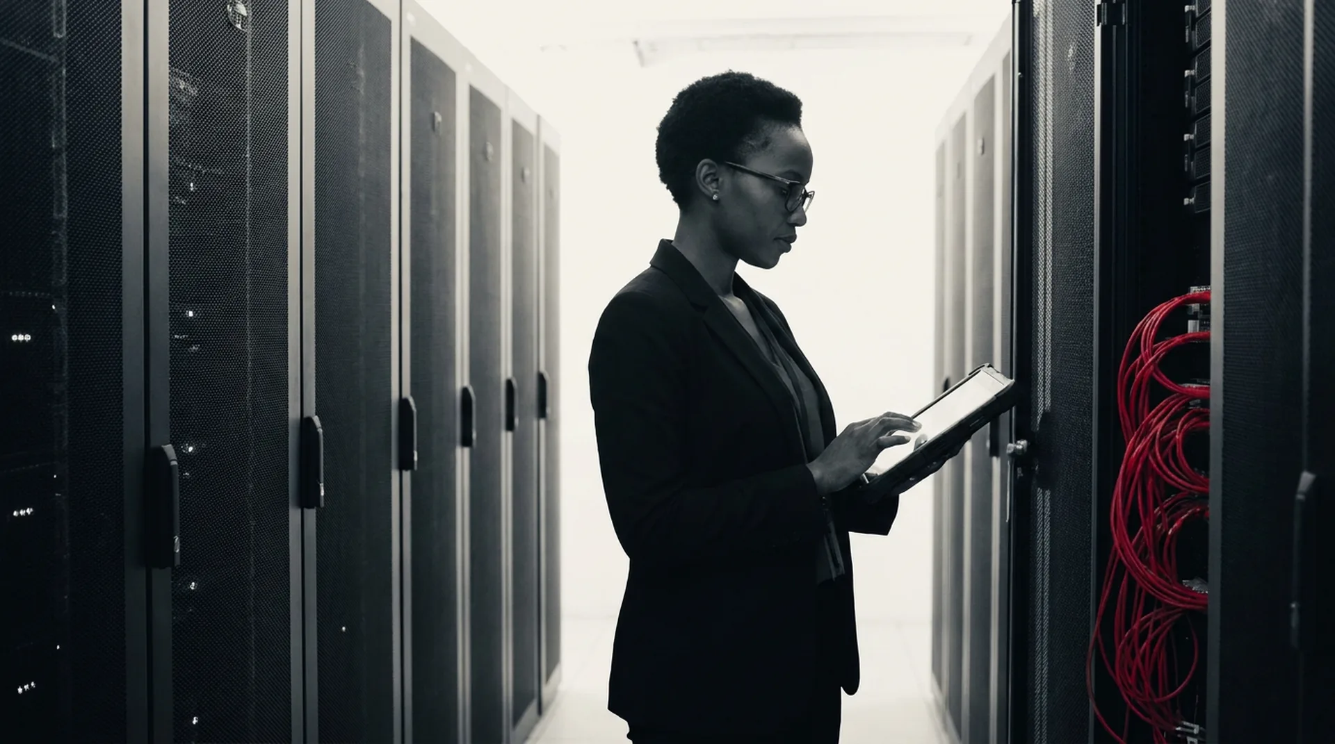 ICT engineer with a tablet in a dark server aisle with crimson cabling
